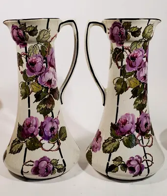 Buy Pair English Chintz Purple Floral  Phoenix Ware Thomas Forester Tall Pitchers • 33.01£