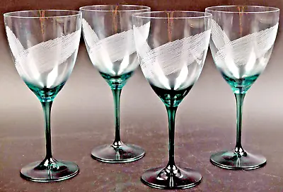 Buy CZECH REPUBLIC CRYSTAL Aqua Wine Glass Etched Lines Set/4 Drinkware New • 78.06£