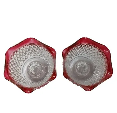 Buy Candle Stick Holders Indiana Glass Ruby Flash Diamond Point Red Bowl Tappered • 9.48£