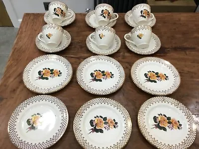 Buy VINTAGE PORTLAND POTTERY 22c GOLD YELLOW ROSE AFTERNOON TEA SET CUPS CAKE PLATE • 14.99£