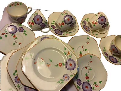 Buy Burslem Tea Cups Square Sauces Side Plates Bridge St Pottery Purple Flowers OLD! • 47.99£