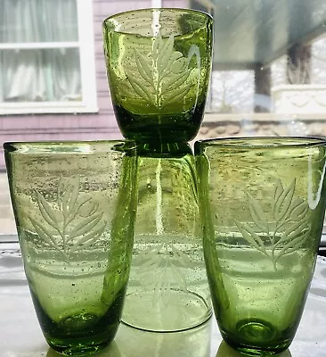 Buy 1970's Retro Green Grape Drinking Air Bubble Leaf Glass 2 Sizes Barware Set Of 4 • 37.88£