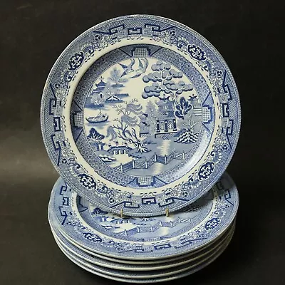 Buy Antique Blue & White Willow Pattern 6x Dinner Plates 24 Cm H&K Woodland Pottery • 34.99£