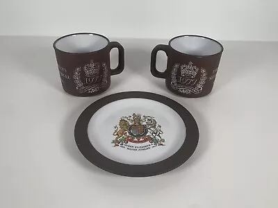 Buy Vintage Hornsea Pottery Plate & 2x Mugs Queen Elizabeth Silver Jubilee Brown Set • 8.99£