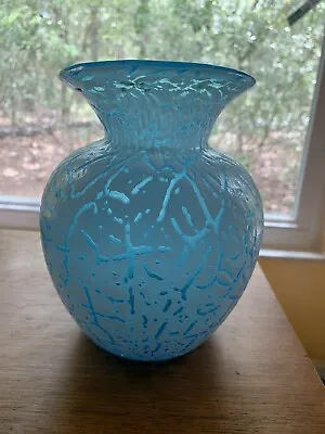 Buy Unique 7” Blue 3 Lb Art Glass Vase W/Carved Sgraffito White Glass Crackle Effect • 23.61£