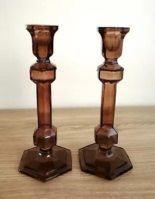 Buy Pair 2 X Amber Brown Glass Hexagonal Tall Pillars Candle Sticks Holders 23 Cm • 15.99£
