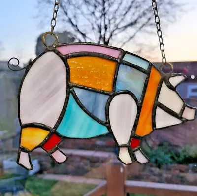 Buy Stained Glass Pig Suncatcher Patchwork Style • 28£
