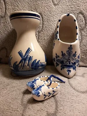 Buy Delft Blue And White Pottery Hyacinth Vase,large Clog+pair Of Miniture Clogs • 2£