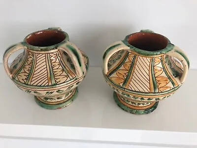 Buy Pair Vintage Sgraffito Squat Vases Hand Painted • 65£