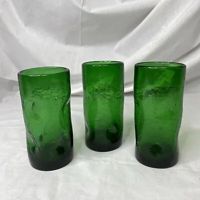 Buy Set Of 3 Vtg BLENKO MCM Art Glass Crackle Pinch 6” Tumblers Dimple Green Emerald • 57.87£