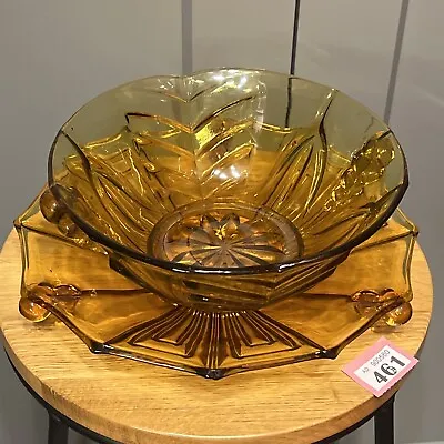 Buy 2pc VTG Art Deco Ornate Amber Glass 2.5pt Fruit Trifle Serving Bowl & Dish Set • 19.75£