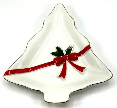 Buy Mount Clemens Pottery Christmas Tree Shape Red Ribbon Green Holly Leaf Dish • 9.53£