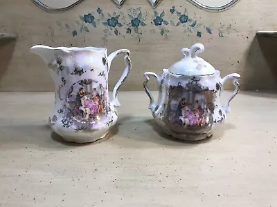 Buy Antique Porcelain China Sugar & Creamer Set 18th Century Scene • 23.72£
