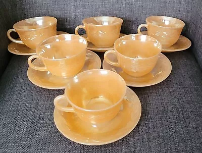 Buy 6 Vintage Fire King Ware Usa Peach Orange Lustre Glass Tea Cups & Saucers • 9.99£