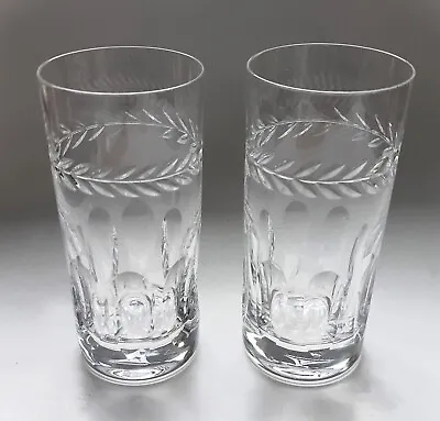 Buy VTG Heavy Hand Cut Crystal Laurel & Thumbprint Highball Tumblers 2 Glasses 6  H • 17.98£