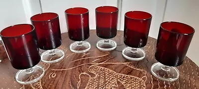 Buy Set Of 6 Luminarc Arcoroc France Cavalier Ruby Red Glasses With Clear Stems 70's • 18£