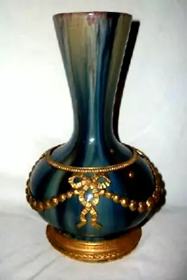 Buy French Sevres Pottery Vase Bronze Mounts Ormolu Bows Swags Drip Flambe Antique • 247.42£