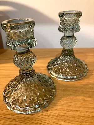 Buy Pair Of Decorative Glass Light Green Candlesticks  - Vintage Style - NEW • 18.50£