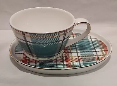 Buy Grace's Fine Porcelain  Plaid  Design Coffee /Tea Cup And Snack Saucer - EUC • 19.18£
