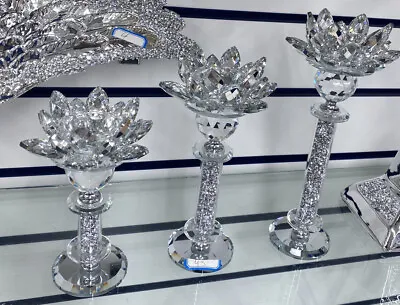 Buy Set Of 3 Silver Crushed Diamond Crystals Flowers Glass Tealight Candle Holders • 29.99£
