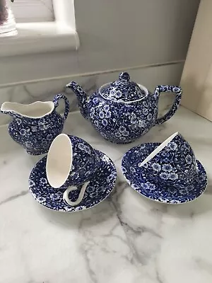 Buy Vintage Burleigh Blue Calico Tea Set TEAPOT ● Milk Jug ● Cup & Saucers • 75£