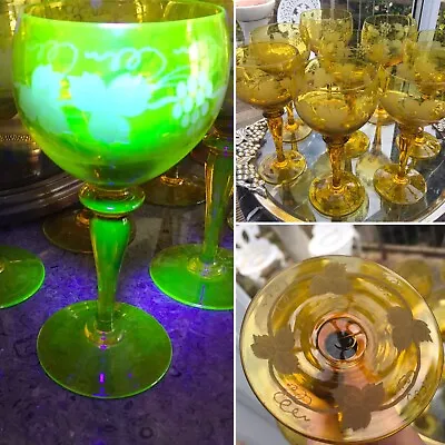 Buy 4 Rare Amber Uranium Antique Hock Wine Glass Engraved Grapevine Moser Czech Mint • 225£