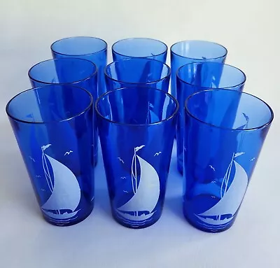 Buy Vintage Hazel Atlas Cobalt Blue White Sailboats Glasses Cups • 11.53£