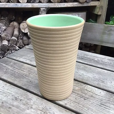 Buy Large Vintage Stoneware Vase Brown Unglazed Ridged Design Green Glazed Interior • 25£