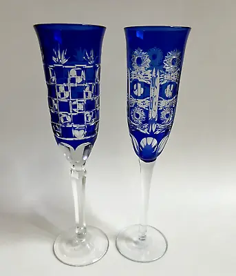 Buy (2) Bohemian Cobalt Blue Cut-To-Clear Crystal Champagne Glass Flute Long Stemmed • 66.31£