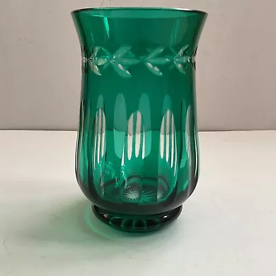 Buy Vintage Green Glass Bohemian Vase Cut To Clear • 9.99£