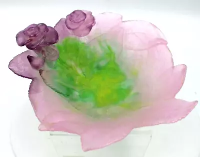 Buy Daum Art Glass Rose Pate De Verre Pink Lilac & Green Roses Bowl Dish 7 1/2” • 236.12£