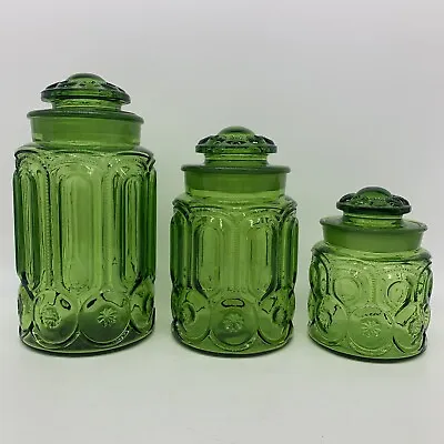 Buy 3 Pc. VTG 1940s L.E. Smith Moon & Stars Green Glass Apothecary Canister Jar Set • 237.17£