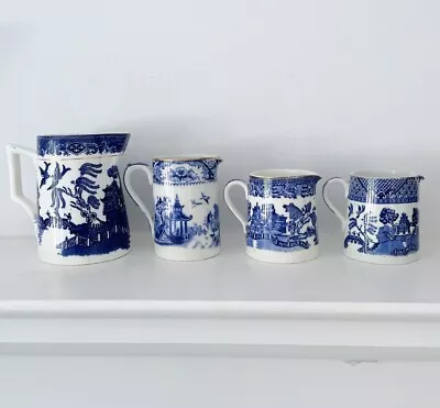 Buy Set Of 4 Blue & White Willow Jugs / Vases / Pitchers, Vintage Antique Collection • 24.95£