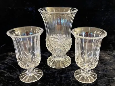 Buy Lead Crystal Flower Vase & 2 Hurricane Candle Holders Pedestal Diamond Cut Clear • 27.63£