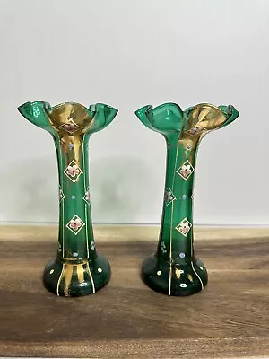 Buy Pair Of Antique Art Nouveau Green Glass Vases Hand Painted Bohemian Glass • 62.45£
