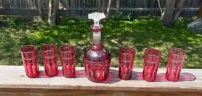 Buy Val St Lambert Kent York Cut Glass Cranberry To Clear Decanter And 6 Tumblers • 379.40£