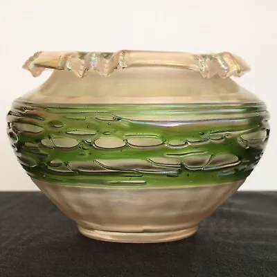 Buy Bohemia Art Nouveau Glass Bowl Iridescent With Green Trailed Thread Design • 70£