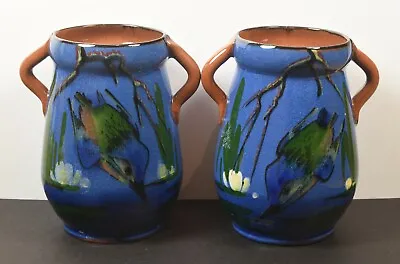 Buy Pair Of Beautiful Vintage Watcombe Pottery Torquay Diving Kingfisher Vases 1906 • 48.99£