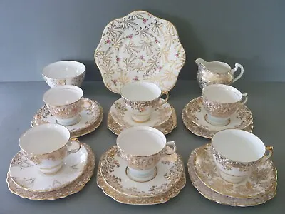 Buy Vintage Mismatched Tea Set 21 Pc Gold Chintz: 6 Trio, Cake Plate, Jug, Bowl • 45£