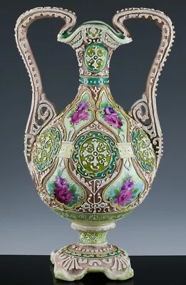 Buy Incredible Large Art Nouveau Nippon Raised Moriage Enamel Handled Porcelain Vase • 32.66£
