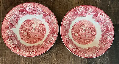 Buy 2 Enoch Woods Ware English Scenery Red Pink Transfer Ware 6.75  Soup Salad Bowls • 28.81£