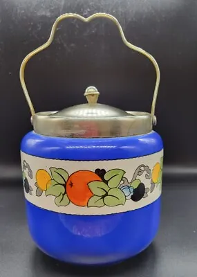 Buy Antique Biscuit Barrel Devon Ware Fieldings Lidded Pot Blue With Fruit Detail • 10.50£
