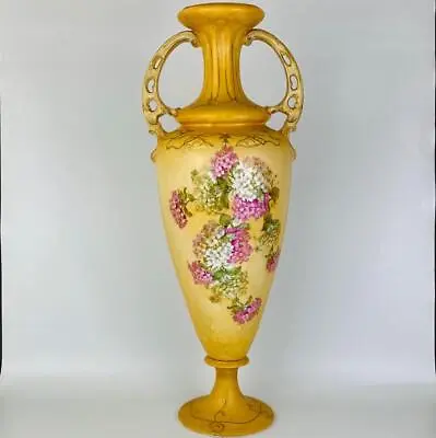 Buy C1900 Antique Austrian Bohemian Vase XL Tall 19  Gilt Blush Ivory Hydrangea • 75£