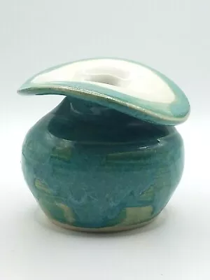 Buy Vintage Handmade & Painted Studio Art Pottery Teal Vase W/Wide Wavy Rim - Signed • 8.49£