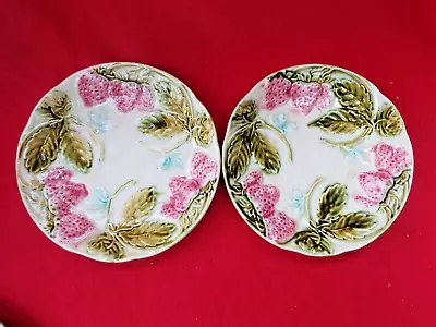 Buy Antique MAJOLICA Pair Of Plates Strawberry Fruits And Leaves • 16.99£