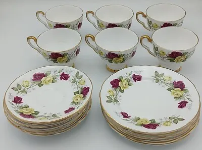 Buy Six Vintage Royal Stafford Bone China Summer Day Saucers, Cups Roses Gold Trim ⭐ • 36.99£