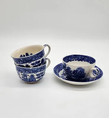 Buy Antique Wedgewood Blue Willow Cup And Saucer + 2 BW Cups Made In Japan  • 17.29£