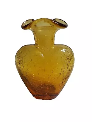 Buy Vintage Amber Crackle Glass Heart Shape Vase Ruffled Brim 5 Inch MCM • 17.21£