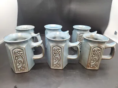 Buy 6 TYN LLAN Celtic Pattern Blue Stoneware Mugs Welsh Studio Pottery • 25£