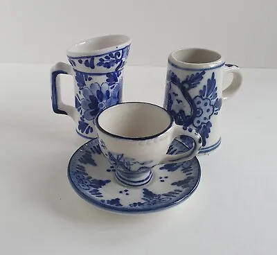Buy 3 X Vintage Delft Miniature China  - Blue & White  Cup & Saucer & Tankards • 15£